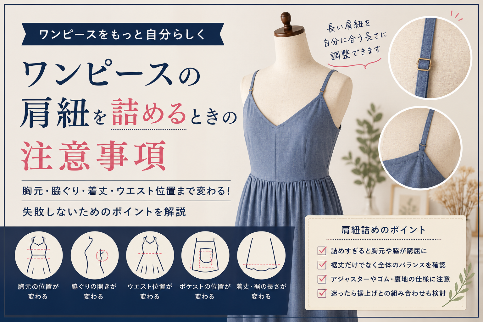 ワンピースの肩紐は短くできる？肩紐詰めで変わる胸元・脇・着丈の注意 