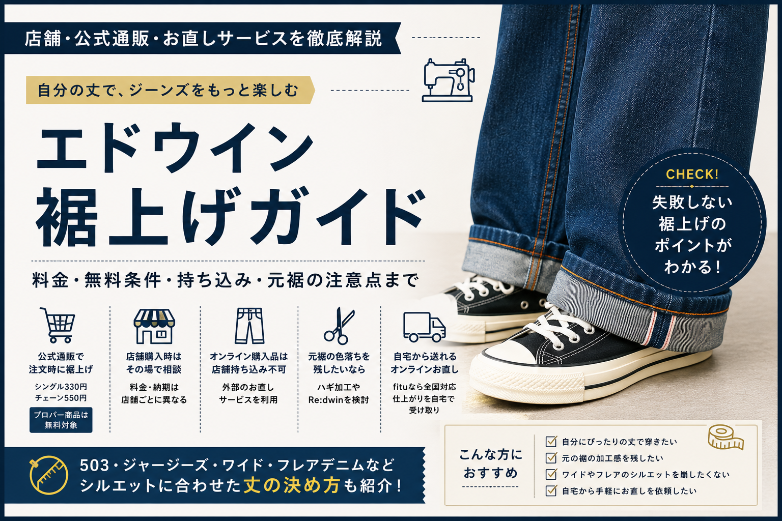 EDWIN（エドウイン）の裾上げは店舗・公式通販でできる？無料条件と 