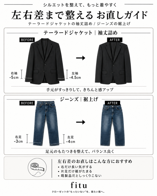 テーラードジャケット袖丈詰め・ジーンズ裾上げは左右差も調整｜測り方と依頼例