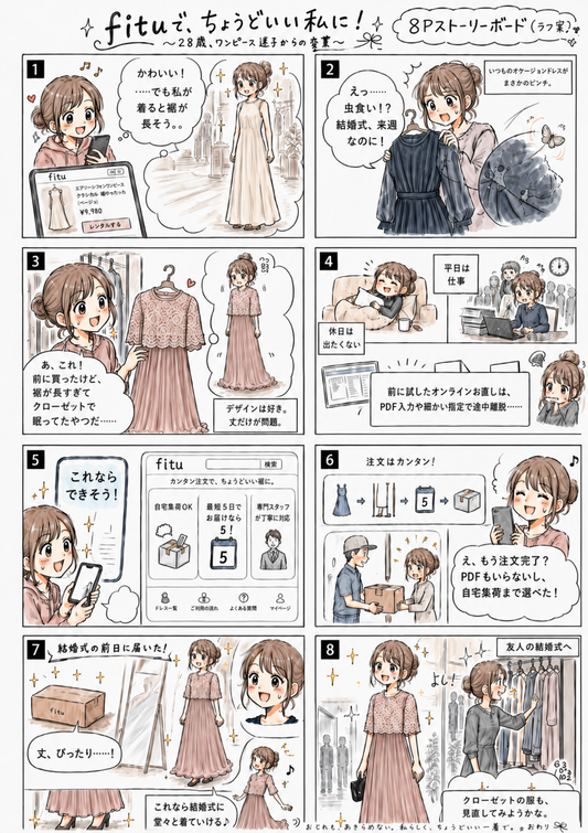 fituお直し漫画① | 小柄でワンピースの丈が長い悩みを解決｜オンライン裾上げで結婚式前に間に合った体験漫画