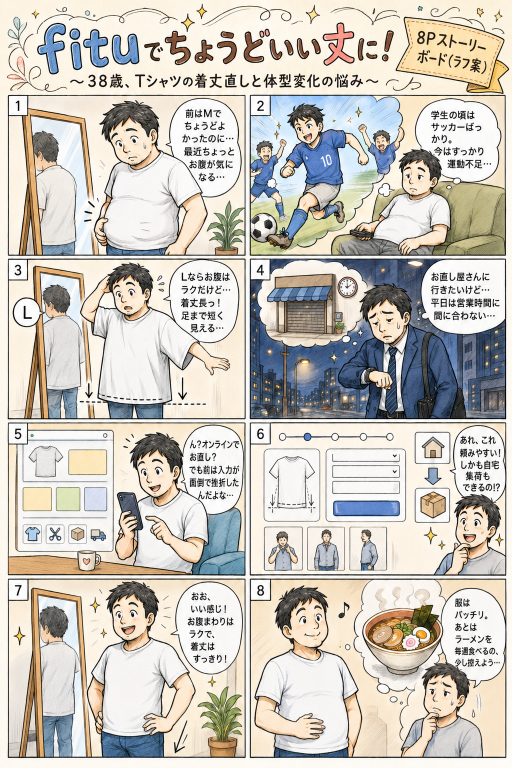 fituお直し漫画② | LサイズのTシャツは着丈が長い？お腹を隠してすっきり見せる着丈詰め