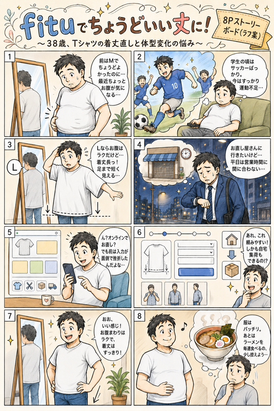 fituお直し漫画② | LサイズのTシャツは着丈が長い？お腹を隠してすっきり見せる着丈詰め