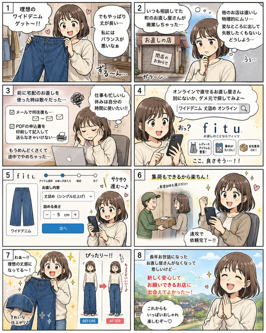 fituお直し漫画⑥ | 地方でお直し店が見つからない…ワイドデニムの裾上げをオンラインで依頼