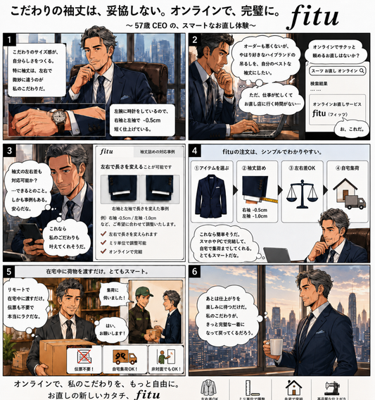 fituお直し漫画⑧ | ジャケットの袖丈は左右で変えられる？時計に合わせた袖丈詰め