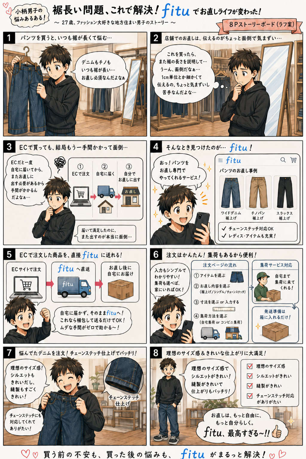 fituお直し漫画⑩ | 【8コマ漫画】小柄男子のパンツ裾上げ｜EC購入品を直接送れるオンラインお直し