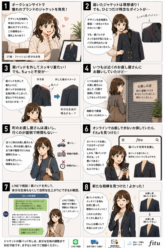 fituお直し漫画⑮ | テーラードジャケットの肩パッドは外せる？余った生地も整えて自然なシルエットへ