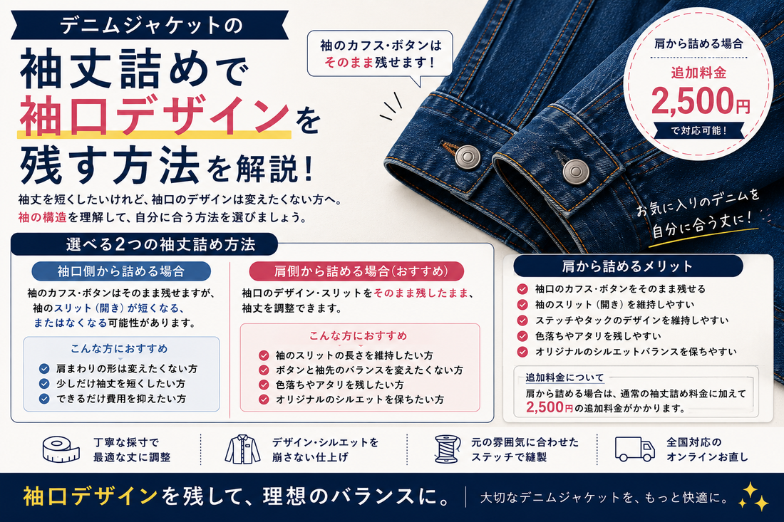 デニムジャケットの袖丈詰めで袖口デザインを残す方法｜肩から詰める注意点を解説